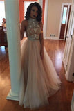 Two Pieces Tulle High Neck Tulle Long Charming Prom Dresses HZ0509