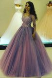 Long V Neck Appliques Ball Gown Prom Dress With Long Sleeves HZ0509