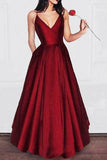 A Line V Neck Satin Spaghetti Straps Long Prom Dress,Girls Graduation Dresses HZ0509