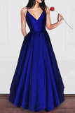 A Line V Neck Satin Spaghetti Straps Long Prom Dress,Girls Graduation Dresses HZ0509