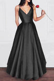 A Line V Neck Satin Spaghetti Straps Long Prom Dress,Girls Graduation Dresses HZ0509