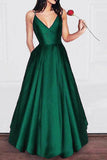A Line V Neck Satin Spaghetti Straps Long Prom Dress,Girls Graduation Dresses HZ0509