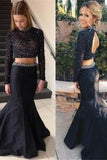Beaded Long Sleeves Two Pieces Mermaid Backless Prom Dresses HZ0509
