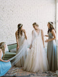 Lace Applique A Line V Neck Tulle Beach Wedding Dress HZ0509