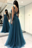 See Through Split Backless Lace Appliques Tulle Long Prom Dress with Beading HZ0509