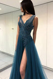See Through Split Backless Lace Appliques Tulle Long Prom Dress with Beading HZ0509