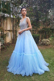 Blue A Line Tulle V Neck Long Prom Gown,Sweet 16 Dress HZ0509