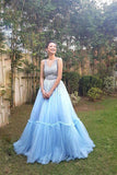 Blue A Line Tulle V Neck Long Prom Gown,Sweet 16 Dress HZ0509