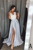 V-Neck Elastic Satin Long Split Prom Dress with Lace Top HZ0509