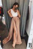 V-Neck Elastic Satin Long Split Prom Dress with Lace Top HZ0509
