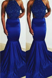Royal Blue Mermaid Sheath Long Open Back Beaded Prom Dresses HZ0509