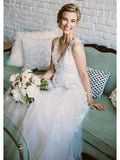 Lace Applique A Line V Neck Tulle Beach Wedding Dress HZ0509