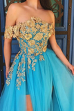 Off Shoulder Blue Gold Lace Prom Dresses, Long Lace Formal Evening Dresses HZ0509