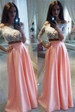Neckline Pink Handmade Long Lace 3/4 Sleeves Two Pieces Prom Dresses HZ0509