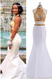 White Mermaid Two Pieces High Neck Backless Prom Dresses HZ0509