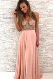 Beaded V-Neck A Line Blush Pink Chiffon Long Prom Dress HZ0509
