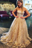 Sweep Train A Line Long Prom Dress With Floral Appliques HZ0509