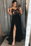 A-Line Spaghetti Straps Black Split Long Prom Dress with Lace HZ0509