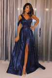 One-Shoulder Navy Blue Sequined Cheap Prom Dress with Split HZ0509