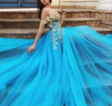 Off Shoulder Blue Gold Lace Prom Dresses, Long Lace Formal Evening Dresses HZ0509