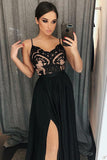 A-Line Spaghetti Straps Black Split Long Prom Dress with Lace HZ0509