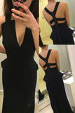 Black Long Mermaid Backless Deep V-neck Simple Prom Dresses HZ0509