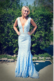 Blue Deep V-neck Long Lace Mermaid Prom Dresses HZ0509