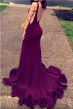 Plum Long Mermaid Open Back Sexy Simple Cheap Prom Dresses HZ0509