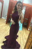 Plum Long Mermaid Open Back Sexy Simple Cheap Prom Dresses HZ0509