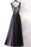 A-line V-neck Lace Appliqued Lace Up Long Prom Dresses Evening Gowns HZ0509