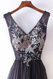 A-line V-neck Lace Appliqued Lace Up Long Prom Dresses Evening Gowns HZ0509