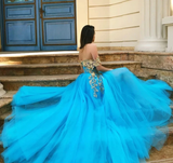 Off Shoulder Blue Gold Lace Prom Dresses, Long Lace Formal Evening Dresses HZ0509