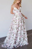 A-line V-neck Straps Floral Lace Long Prom Dresses HZ0509