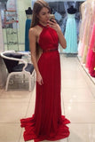 Red Long High Low Open Back Beading Cheap Prom Dresses HZ0509