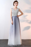 Ombre Beaded A Line Long V Neck Sleeveless Prom Dress HZ0509