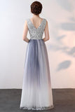 Ombre Beaded A Line Long V Neck Sleeveless Prom Dress HZ0509