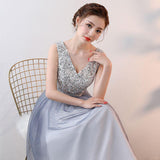 Ombre Beaded A Line Long V Neck Sleeveless Prom Dress HZ0509