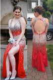 Sexy Red Beaded Open Back V-neck Plus Size Prom Dresses HZ0509
