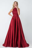 A-line Red High Neck Applique Satin Long Prom Dresses,Evening Dresses HZ0509