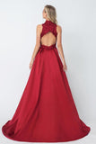A-line Red High Neck Applique Satin Long Prom Dresses,Evening Dresses HZ0509