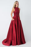 A-line Red High Neck Applique Satin Long Prom Dresses,Evening Dresses HZ0509