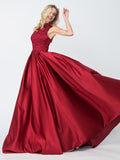 A-line Red High Neck Applique Satin Long Prom Dresses,Evening Dresses HZ0509