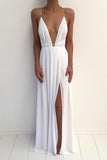 V-neck Spaghetti Strap Chiffon Long V Neck Prom Dress With Front Split HZ0509