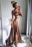 Line Spaghetti Straps Sexy Slit Prom Dresses. Cheap Long Evening Dress HZ0509
