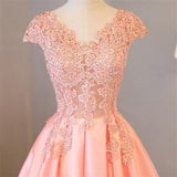 Pink A Line Cap Sleeves Appliques Beaded Long Prom Dresses HZ0509
