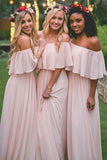 Pink Off the Shoulder Pink Ruffles Long Bridesmaid Dresses HZ0509