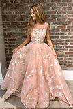 A-Line Round Neck Pink Prom Dress with Lace Appliques Online HZ0509