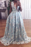 Lace Deep V-neck A Line Light Sky Blue Princess Prom Dress HZ0509
