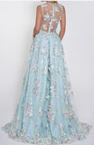 Lace Deep V-neck A Line Light Sky Blue Princess Prom Dress HZ0509