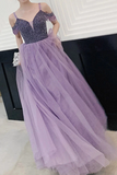 Elegant Cold Shoulder Beaded Lilac Tulle Long Prom Dress HZ0509